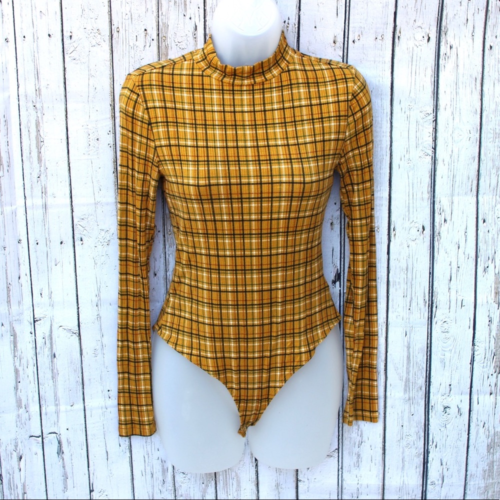 Forever 21 Mustard Plaid Long Sleeve Bodysuit